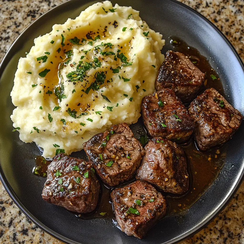 Garlic Butter Steak Bites and Mash